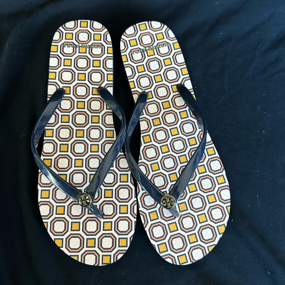 Tory Burch Navy Strap Geometric Flip Flops new - Picture 1 of 12